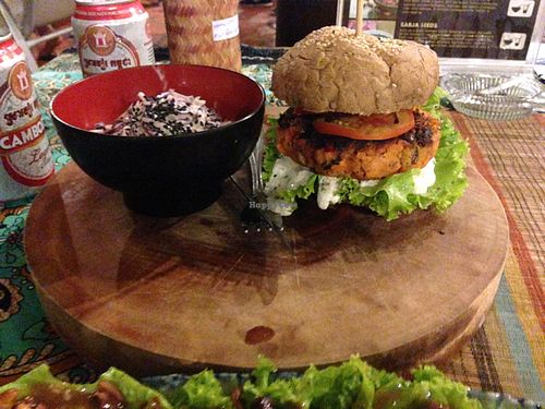 Sweer potato and bean veggie burger with sesame coleslaw at DAO of Life in Sihanoukville