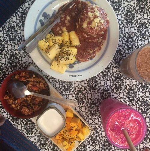 Pancake stack, granola and smoothies. at DAO of Life in Sihanoukville