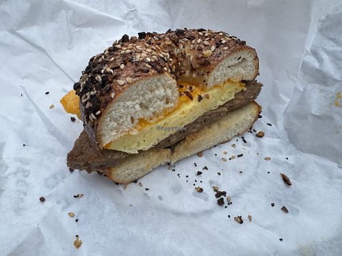 Vegan sausage egg and cheese on an everything bagel  at Spielman Bagels - Division in Portland
