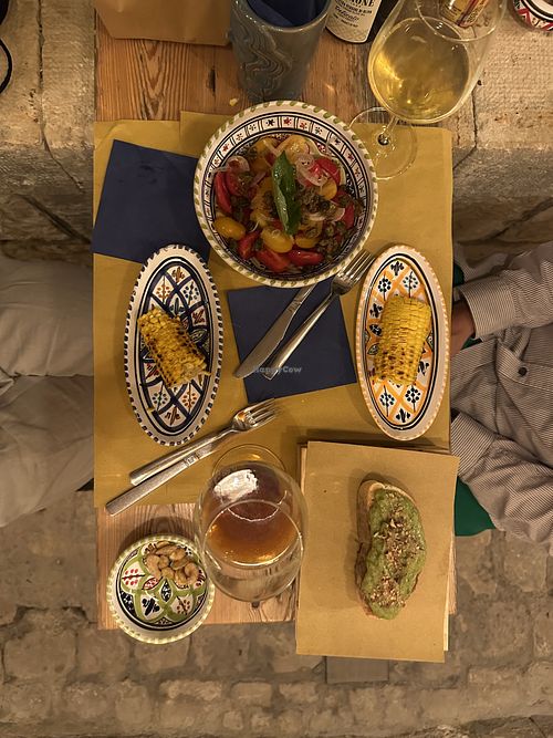 Starters: tomatosalad with capers, bruschetta with peacream and corn  at My Name Is Tannino in Scicli