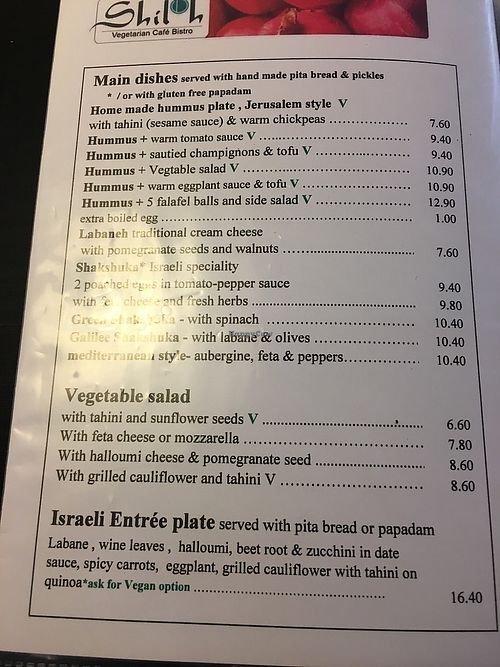 menu at Shiloh Vegetarian Cafe in Berlin