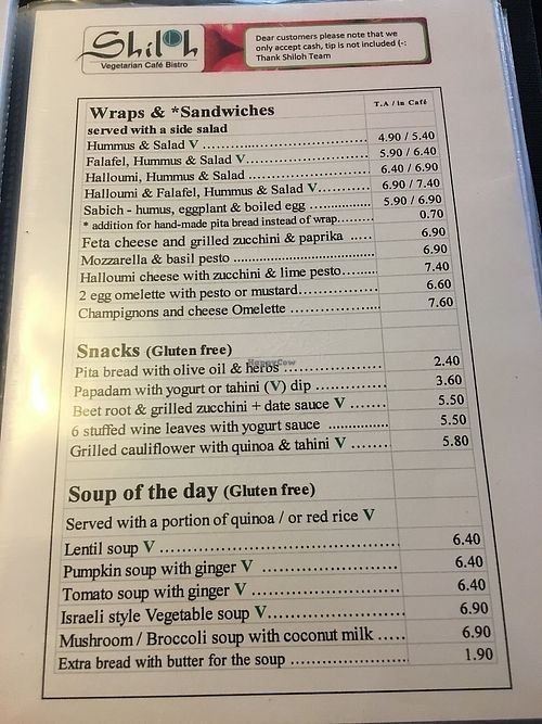 menu at Shiloh Vegetarian Cafe in Berlin