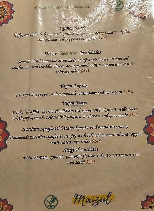 Vegan menu   at Maizul in Nuevo Vallarta