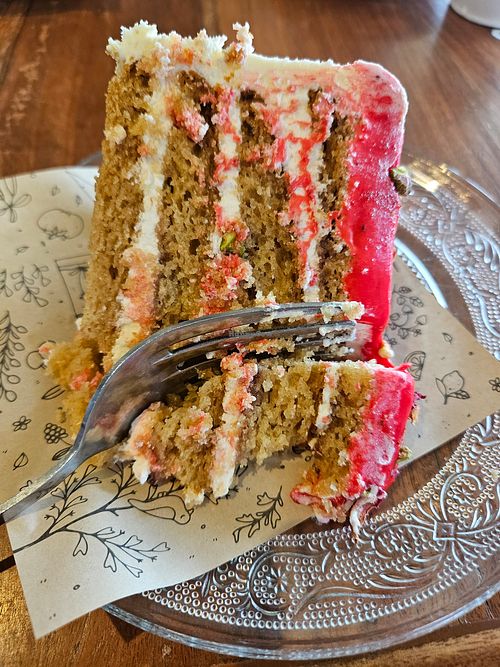 Strawberry and pistachio cake at Tin Roof Cafe and Bakery in Woodham Mortimer