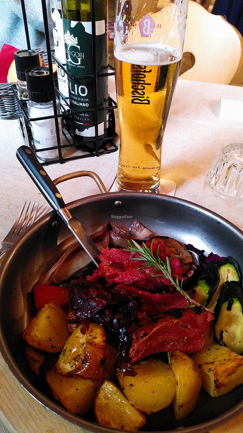 Vegan dish with vegetal-based meat looking protein. at Ristorante Ca dei Gobj in Trento