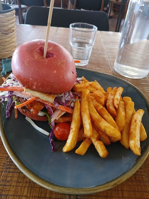 Bbq burger with beetroot bun at Cockles Cafe in Port Elliot