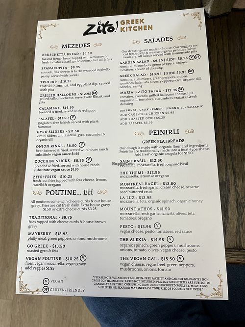 Menu as of 5/31/25  at Zito Greek Kitchen  in Mt Airy