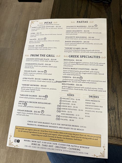 Menu as of 5/31/25  at Zito Greek Kitchen  in Mt Airy