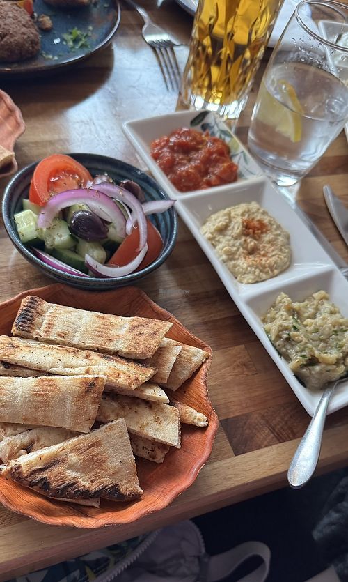 Starters of pitta, dips and salad   at Mykonos  in Harrogate