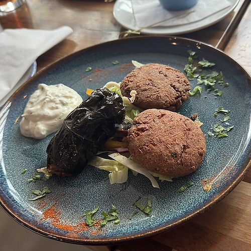Stuffed vine leaves and falafel .  at Mykonos  in Harrogate
