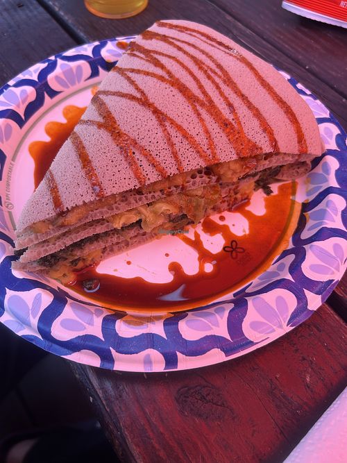Four dishes in a layered injera slice. Amazingg  at Ma-Ed Ethiopian Kitchen in Beaverton