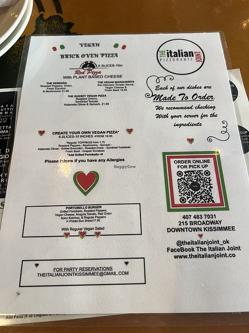 Vegan menu  at The Italian Joint  in Kissimmee