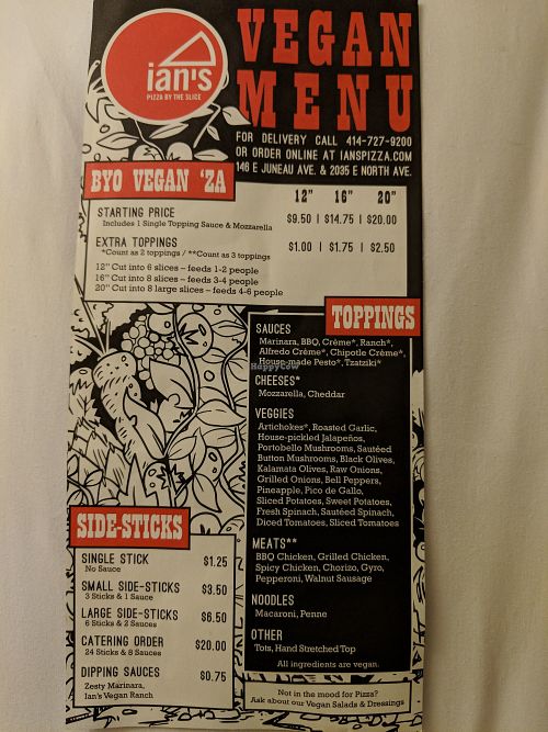 Vegan menu, front at Ian's Pizza in Milwaukee