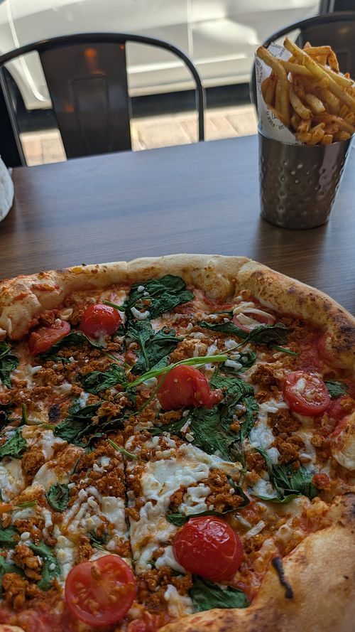Vegan chorizo and spinach pizza at Fizz and Flour in Cardiff