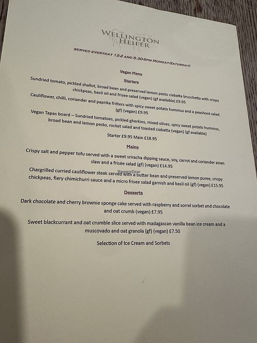 Menu  at The Wellington Heifer  in Northallerton