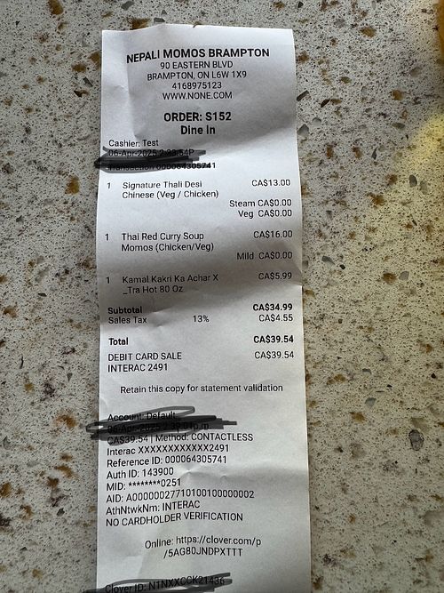 Receipt  at Nepali Momos in Brampton