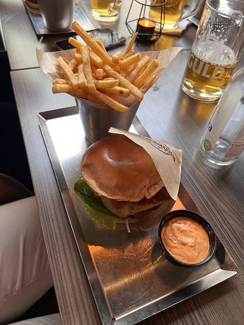 Cheese burger and fries and spicy mayo dip  at Brödernas in Malmo