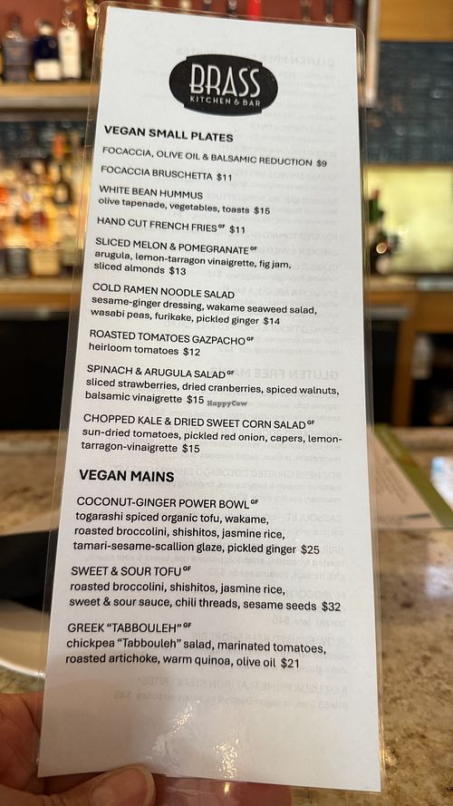 Vegan menu  at Brass Kitchen & Bar in Steamboat Springs
