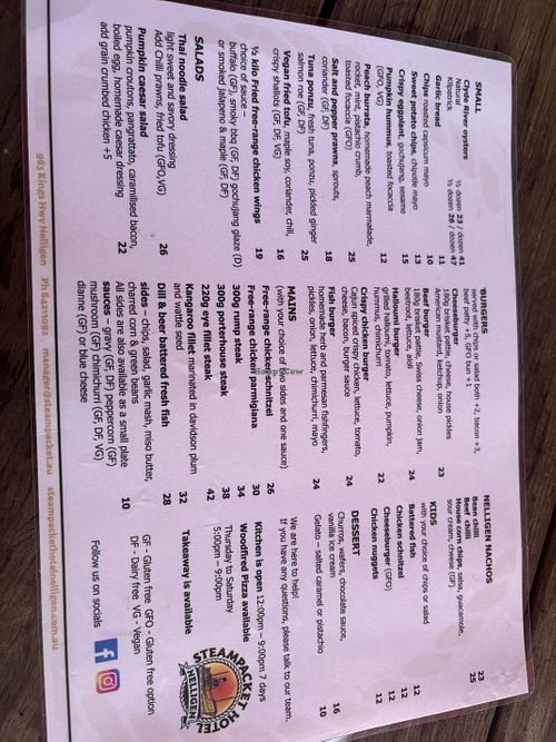 Menu  at Steampacket Hotel in Nelligen