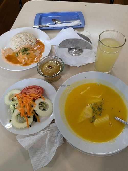 Salad, carrot soup, drink, apple dessert, meatball with garbanzo sauce (all of it for 14 soles). at Sampe's Restaurante Vegetariano in Lima
