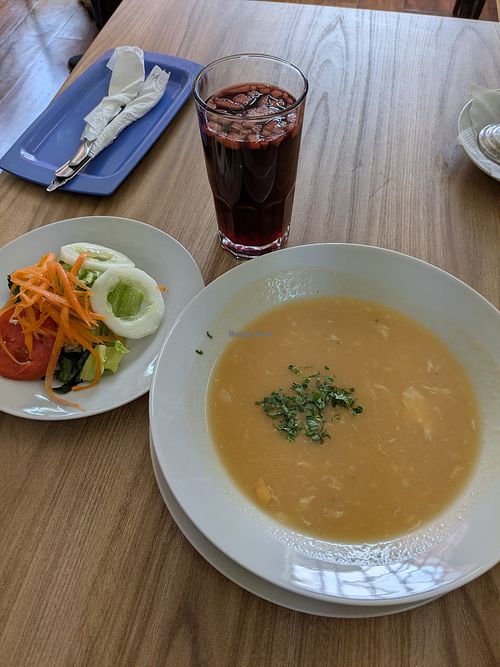 Split pea soup and small salad at Sampe's Restaurante Vegetariano in Lima