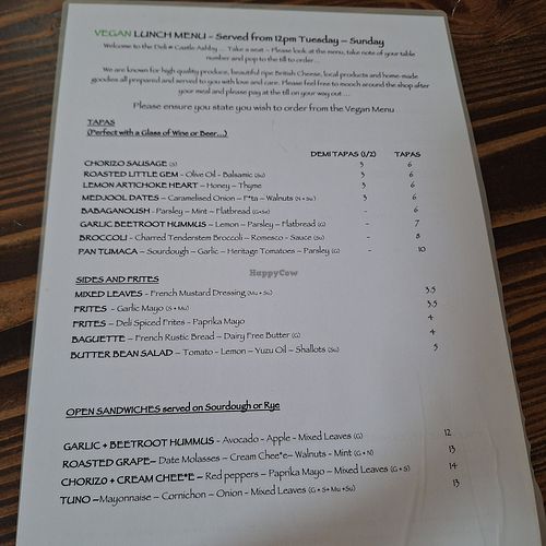 Vg lunch menu at The Deli at Castle Ashby in Northampton