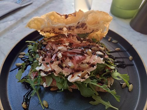 Focaccia sandwich with vegan feta, salad leaves, pickled onions, pumpkin seeds and balsamic - delicious! at Twin Figs in Rovinj