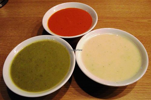 Vegan soups - 
Broccoli,potatoes,roasted peppers at Green Deli Cafe - A. Stambolyiski in Sofia