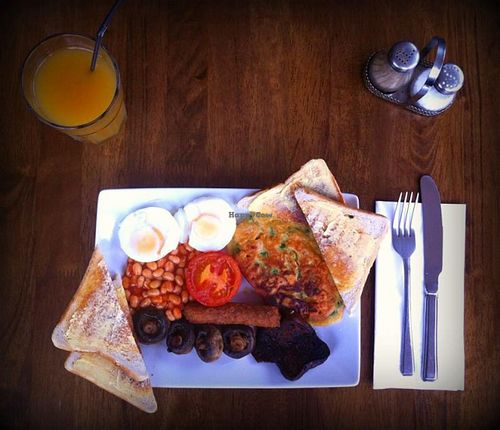 This is an example of a veggie breakfast at Cafe Joanna. The vegan version doesn't contain the eggs, of course, but the rest of this plate is vegan already, so you won't miss out on delights like bean cakes and fried plantain! at Cafe Joanna in Bristol