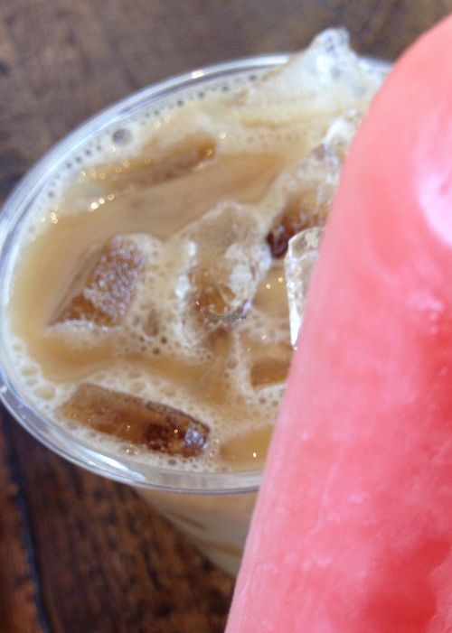 Almond milk iced latte with local Ceremony Coffee and a pop- strawberry ginger lemonade at Pleasant Pops in Washington
