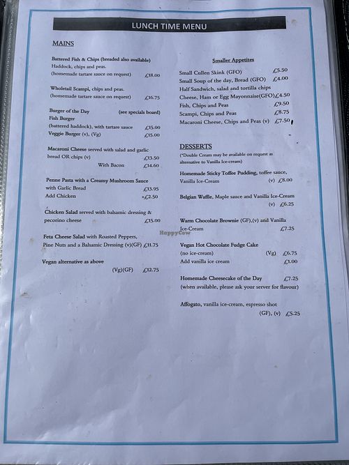 Vg = Vegan  at The Oyster Bar & Restaurant in Oban