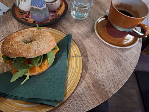 Salmon bagel and coffee (with free tap water) at Café Vegardie in Berlin