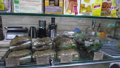 Affordable vegetarian and vegan 'Tofu' sandwiches - 1,5 Euro.Salads - 2 Euro at Zelen Bio in Sofia