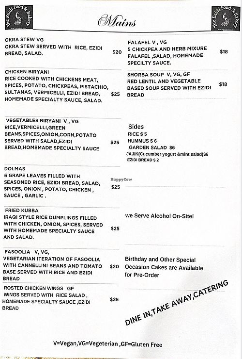 Vegan items labelled on menu   at The Ezidi Food and Bakery   in Armidale