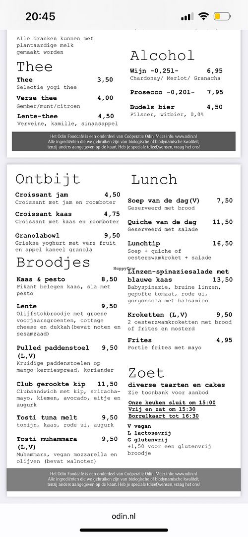 Lente menu. V = vegan   at Odin Foodcafé Eindhoven in Eindhoven