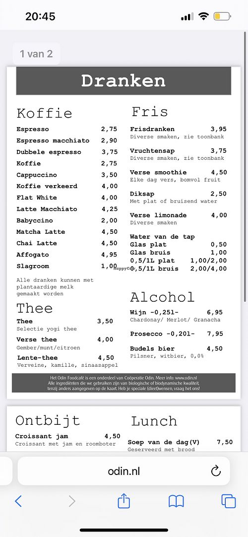 Drankkaart. Plantaardige melk optie   at Odin Foodcafé Eindhoven in Eindhoven