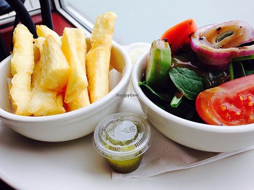 Vegan sides: fried yuca and side salad at My Little Bistro in Washington