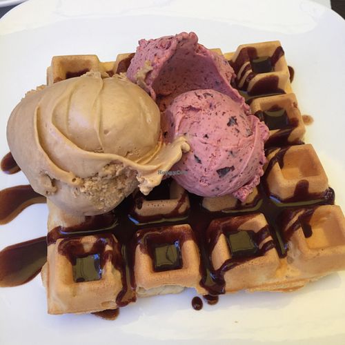 espresso and sour cherry gelato on vegan waffle  at Ice Queen Gelato in Athens