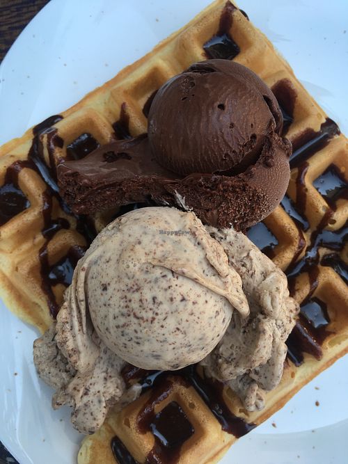 Vegan waffle with dark chocolate and chestnut gelato at Ice Queen Gelato in Athens