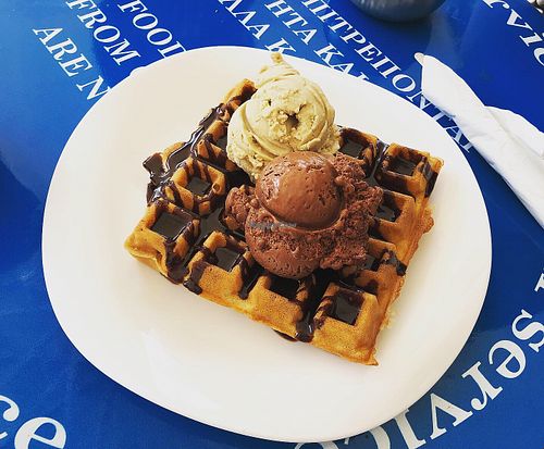 Vegan waffle with pistachio and chocolate ice cream  at Ice Queen Gelato in Athens