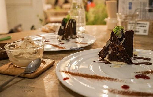 Vegan chocolate brownies with vanilla soy iced cream.  at Paprika Shokudo Vegan in Osaka