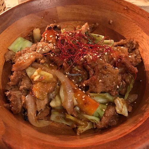 soya meat with veg and rice at Paprika Shokudo Vegan in Osaka