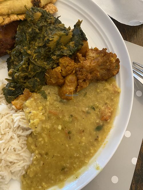Saag aloo, tarka Dahl and aloo gobi   at Sunny Spice in Lostwithiel