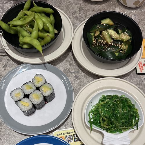 edamame, cucumber salad, avocado roll, seaweed saladd  at Genki Sushi 元気寿司 in Hong Kong Island