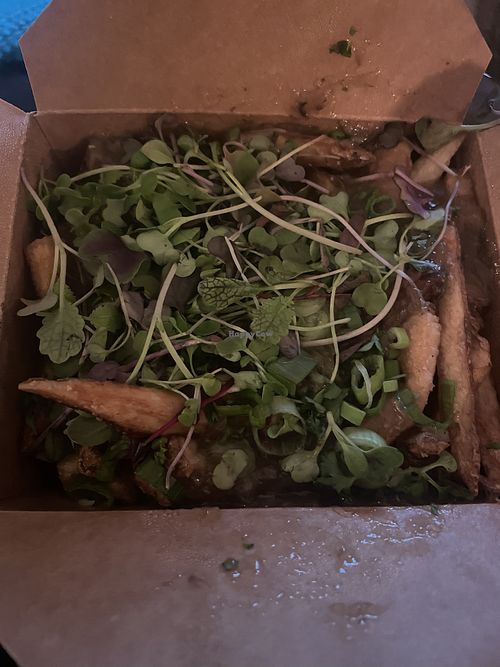 Vegan poutine (in “to go” container)  at The Flying V in Bethlehem