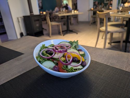 Greek salad vegan at Kitchen Windows Beach Restaurant in Jeffreys Bay