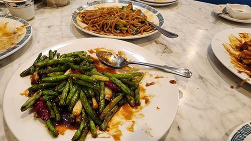 Hot braised spring beans and veggie chow mein with added tofu. at Far East  in Angels Camp