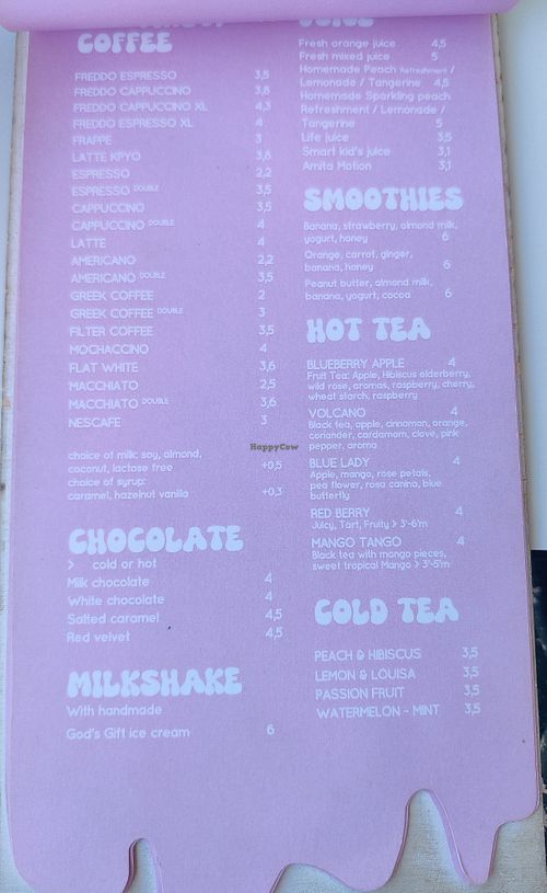 Drinks menu at God's Gift Croissant House in Crete