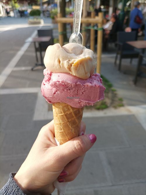 Almond and pomegranate (the cone is also vegan) at Gelatolandia - Gelato Italiano Artigianale in Venice