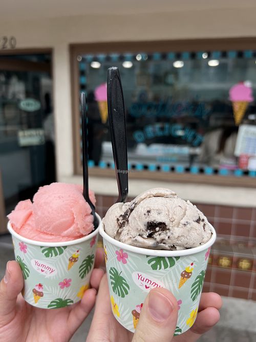 Electric watermelon Italian ice (left) and Ultimate Oreo Oat (right)  at Sailor's Delight Ice Cream Shop in Santa Catalina Island